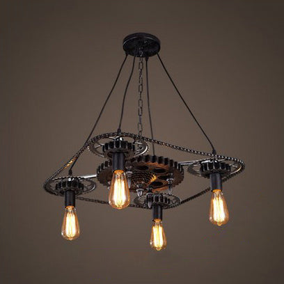 Black Finish 4 Heads Ceiling Fixture Industrial Style Metallic Bare Bulb Pendant Light with Gear Deco