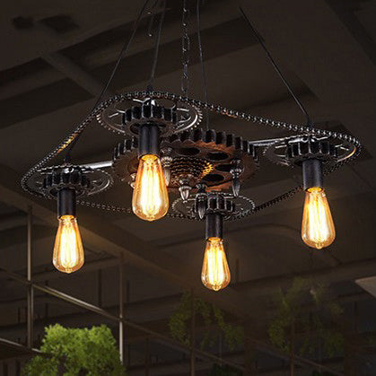 Black Finish 4 Heads Ceiling Fixture Industrial Style Metallic Bare Bulb Pendant Light with Gear Deco