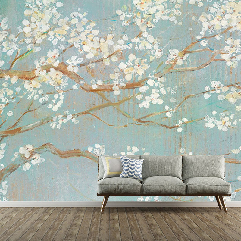 Full Size Illustration Contemporary Mural for Bedroom Decor with Blossoming Flower Design in Brown and White