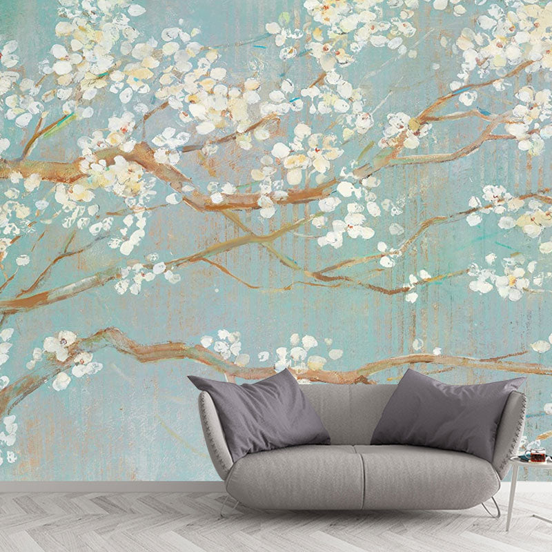 Full Size Illustration Contemporary Mural for Bedroom Decor with Blossoming Flower Design in Brown and White