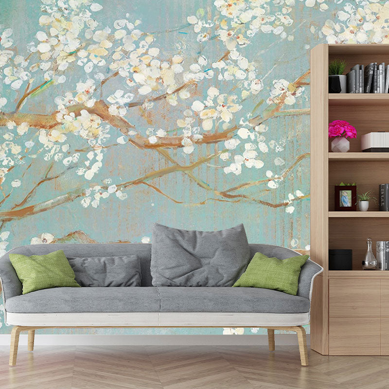 Full Size Illustration Contemporary Mural for Bedroom Decor with Blossoming Flower Design in Brown and White