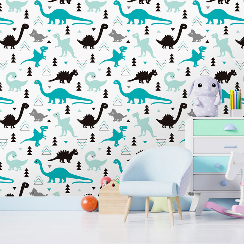 Illustration Cartoon Dinosaur Wallpaper for Children's Bedroom in Blue and Black, Self-Adhesive, 29.1 sq ft.