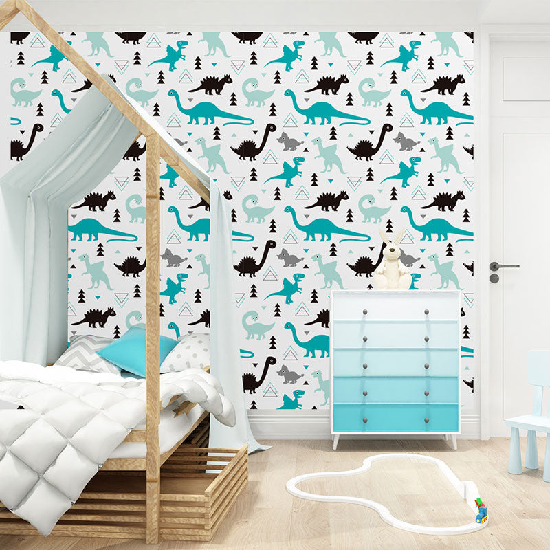 Illustration Cartoon Dinosaur Wallpaper for Children's Bedroom in Blue and Black, Self-Adhesive, 29.1 sq ft.