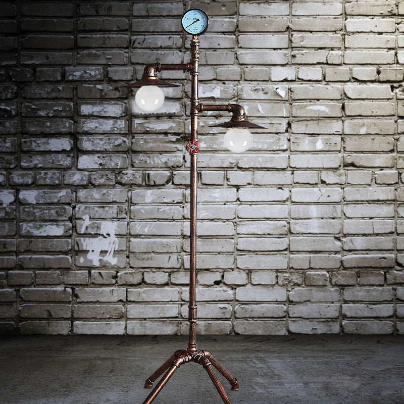 Antique Style Piped Floor Lighting 2 Lights Wrought Iron Floor Lamp with Flat Shade in Bronze for Living Room