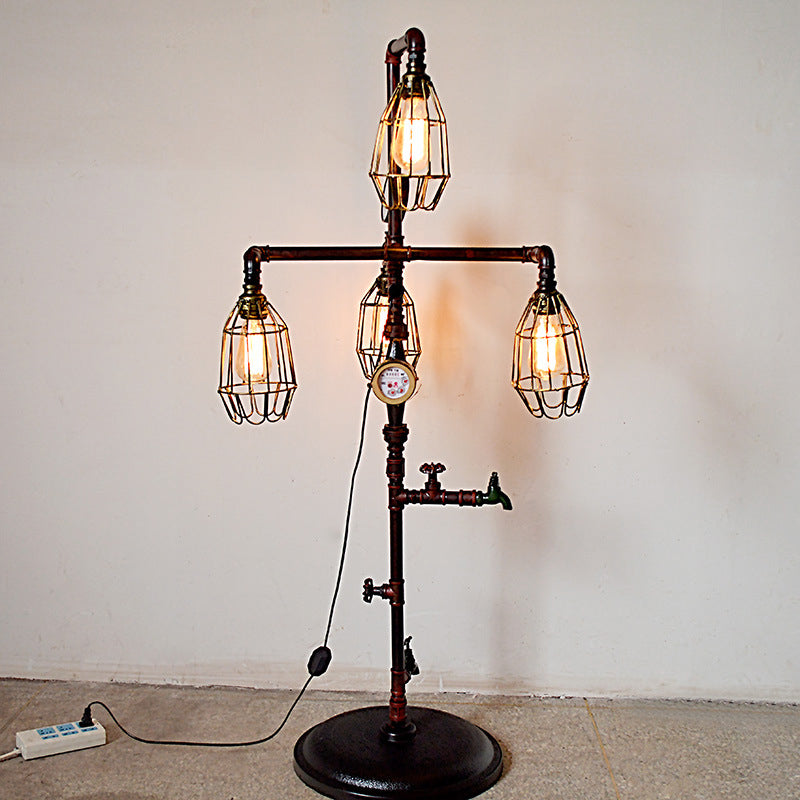 Metal Cage Shade Floor Lamp Steampunk 4 Bulbs Living Room Floor Lighting with Plug In Cord in Rust Finish