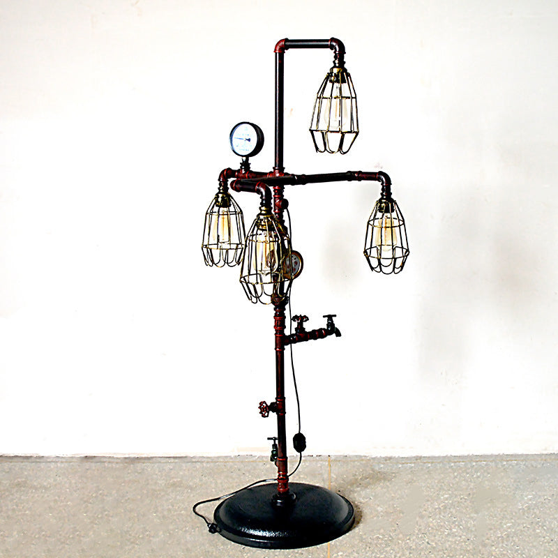 Metal Cage Shade Floor Lamp Steampunk 4 Bulbs Living Room Floor Lighting with Plug In Cord in Rust Finish