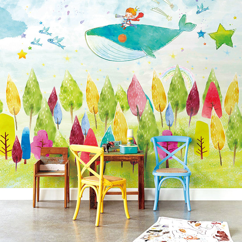 Illustration Whale and Tree Mural Extra Large Wall Covering for Children, Made to Measure