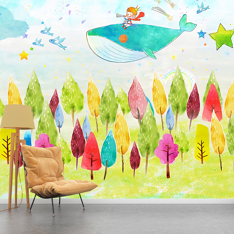 Illustration Whale and Tree Mural Extra Large Wall Covering for Children, Made to Measure