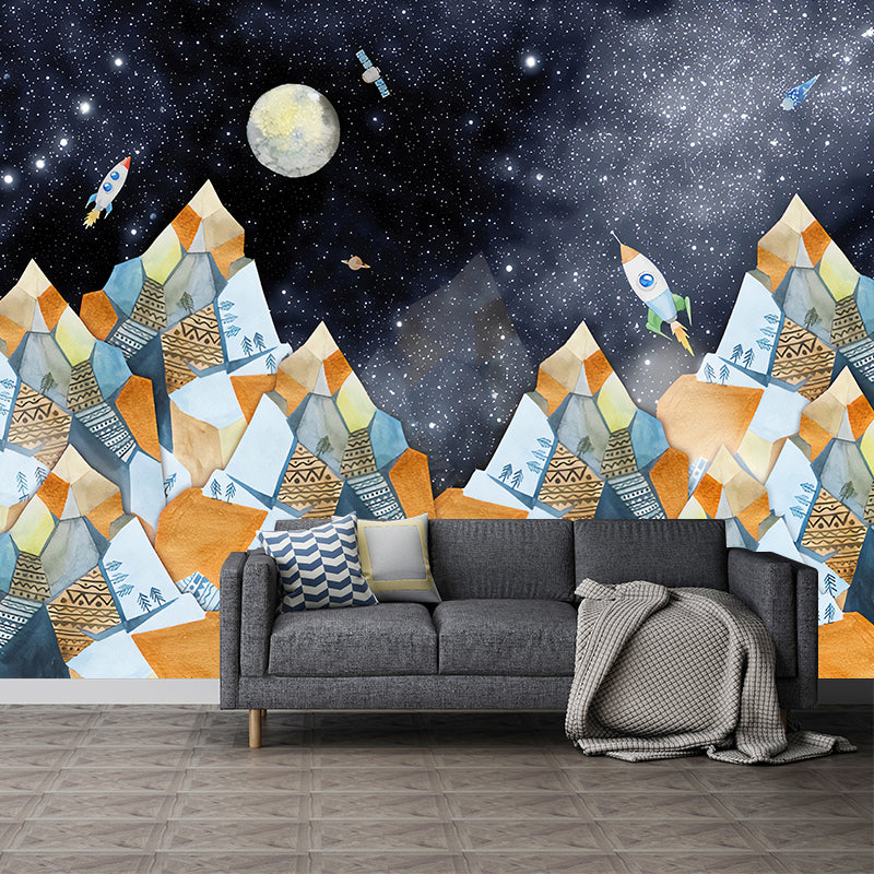 Big Illustration Simple Wall Mural for Children's Bedroom with Mountain and Moon Design in Orange and Blue