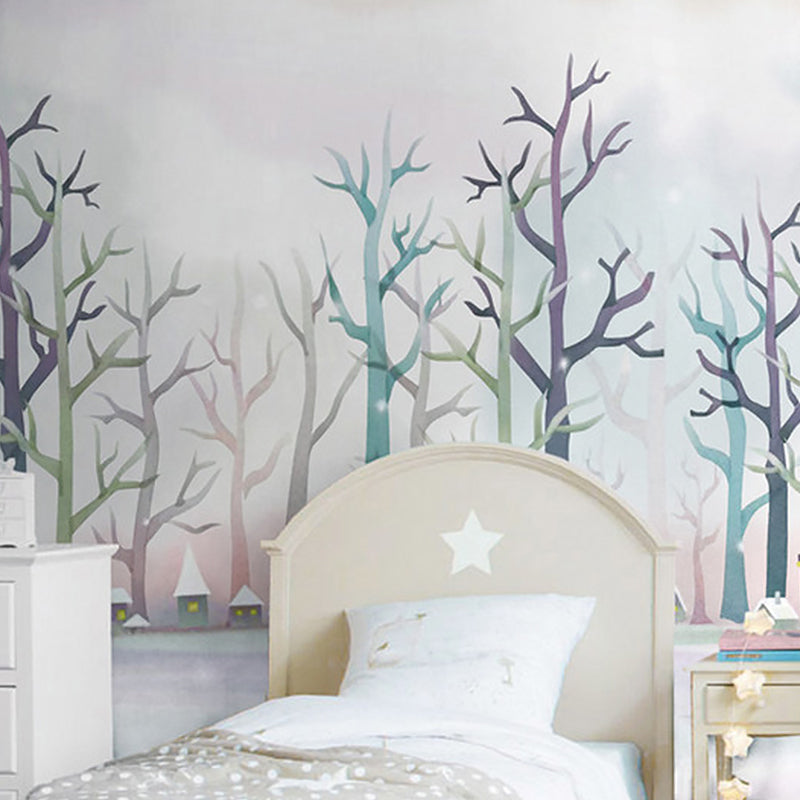 Minimalist Leafless Tree Wall Mural in Soft Color Guest Room Wall Covering, Custom Size Available