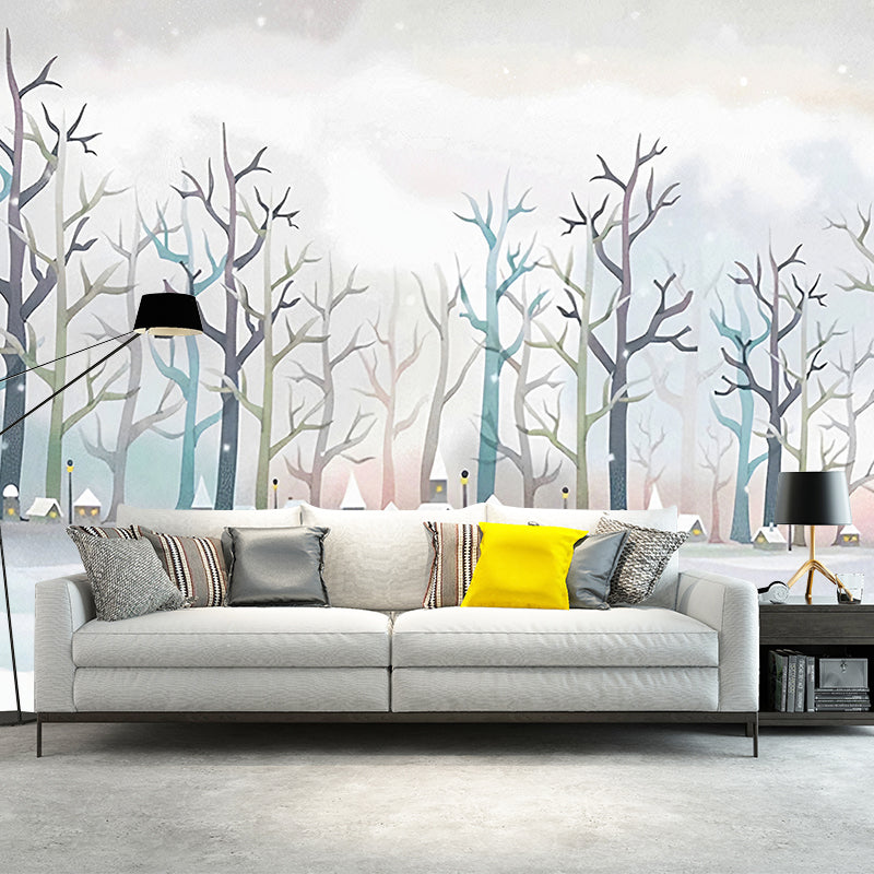 Minimalist Leafless Tree Wall Mural in Soft Color Guest Room Wall Covering, Custom Size Available