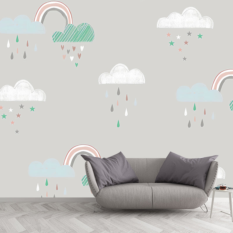 Simplicity Rain and Cloud Mural for Kid's Bedroom, Custom-Made Wall Decor in Pastel Color