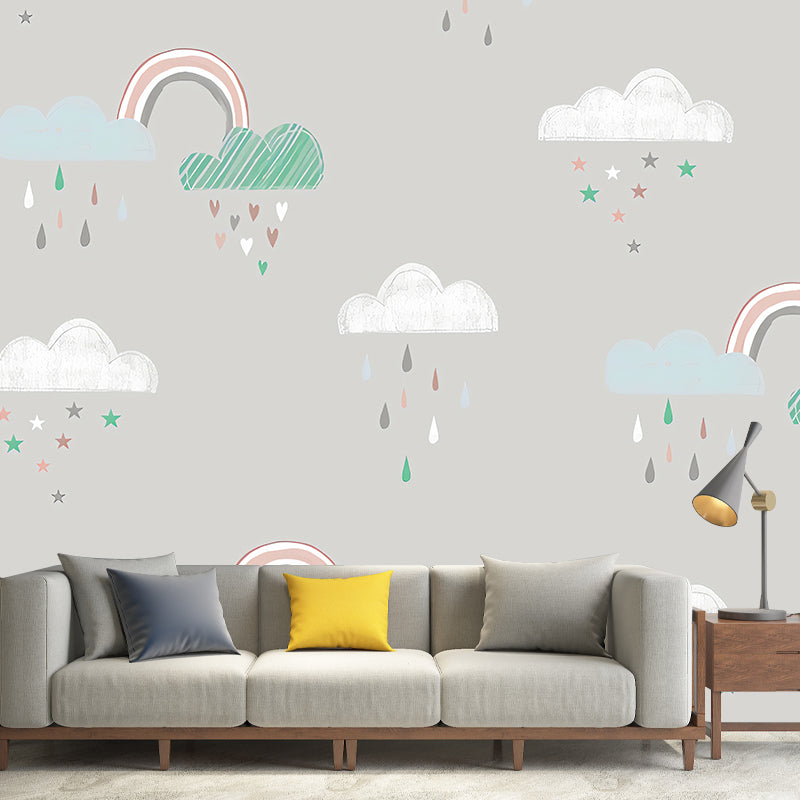 Simplicity Rain and Cloud Mural for Kid's Bedroom, Custom-Made Wall Decor in Pastel Color