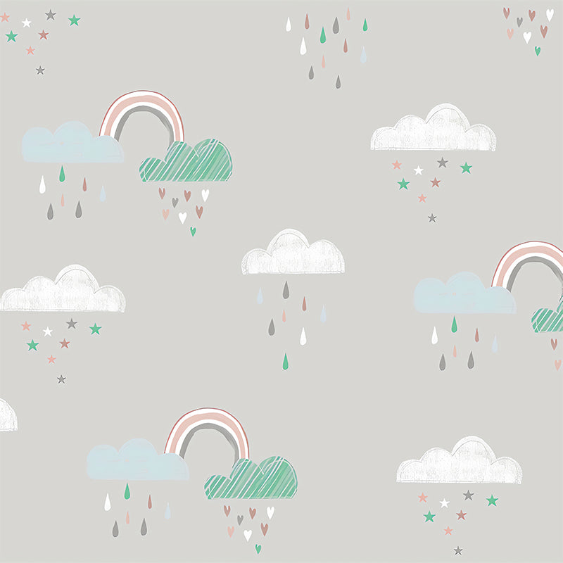 Simplicity Rain and Cloud Mural for Kid's Bedroom, Custom-Made Wall Decor in Pastel Color