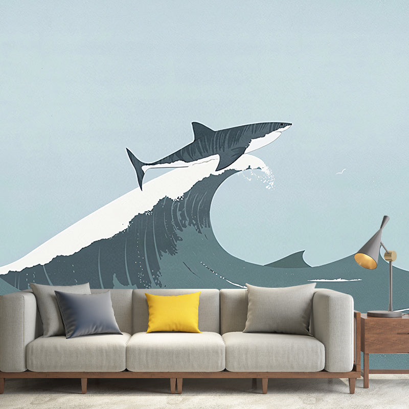 Stain-Resistant Whale Wall Mural Decal Non-Woven Fabric Simple Wall Art for Boy's Bedroom