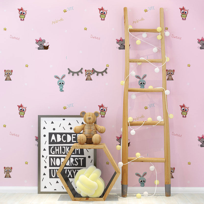 Decorative Cartoon Animal Wall Covering 31-foot x 20.5-inch Minimalist Wallpaper Roll for Girl's Bedroom in Soft Pink