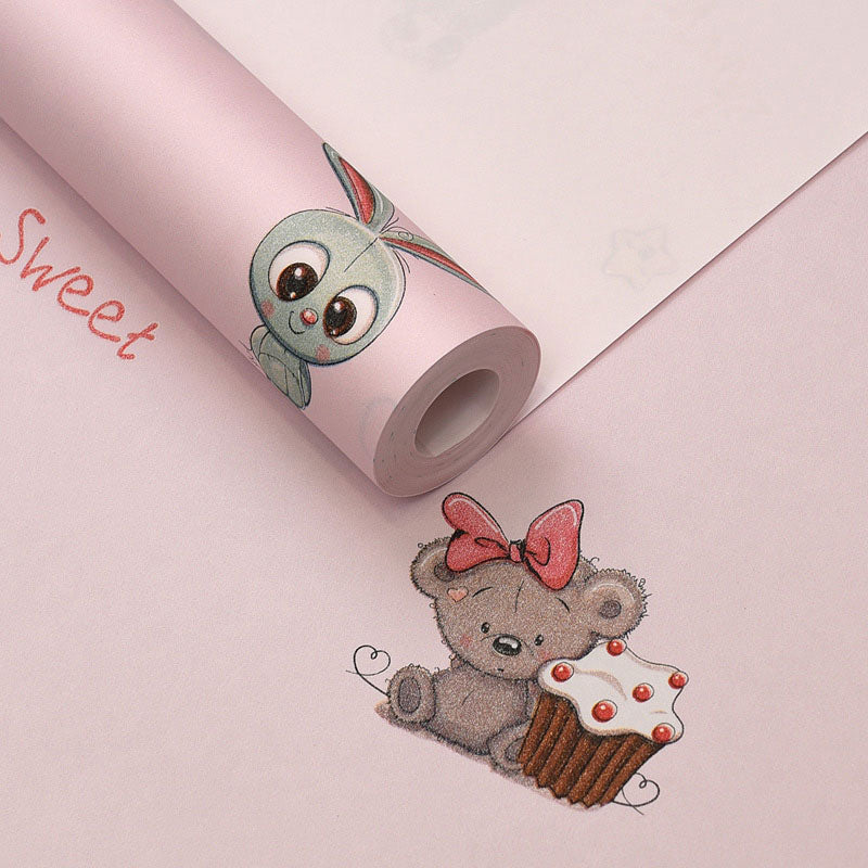 Decorative Cartoon Animal Wall Covering 31-foot x 20.5-inch Minimalist Wallpaper Roll for Girl's Bedroom in Soft Pink