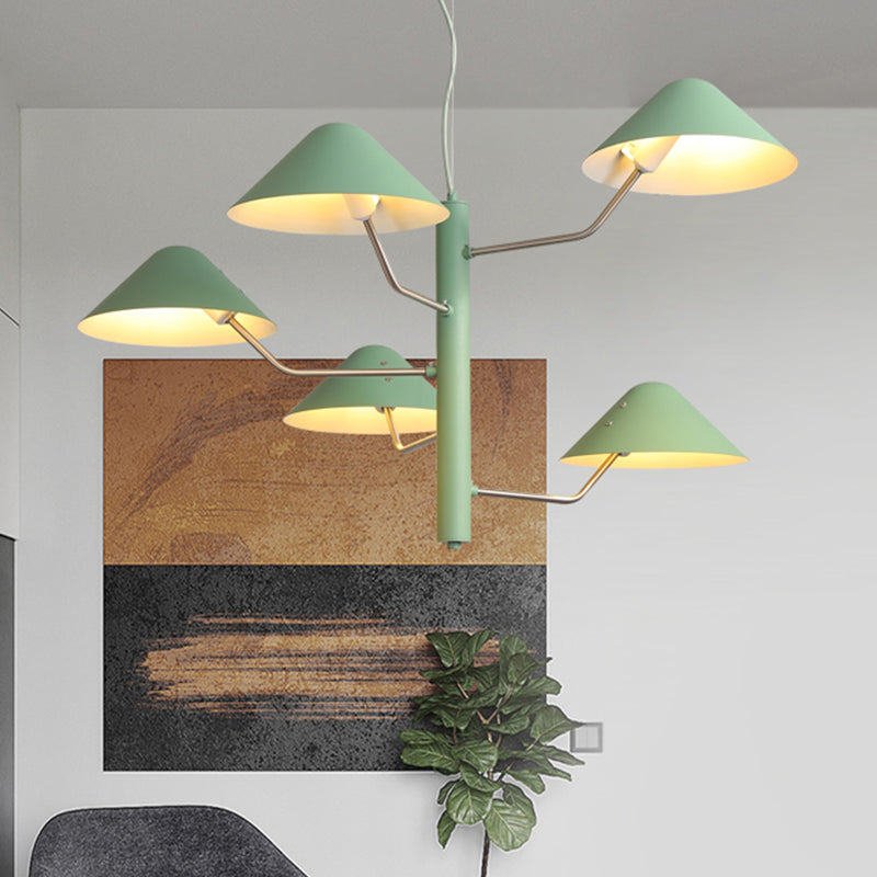 Branch Suspension Light with Metal Cone Shade Postmodern 3/5 Lights Black/White/Green Chandelier Light for Dining Room