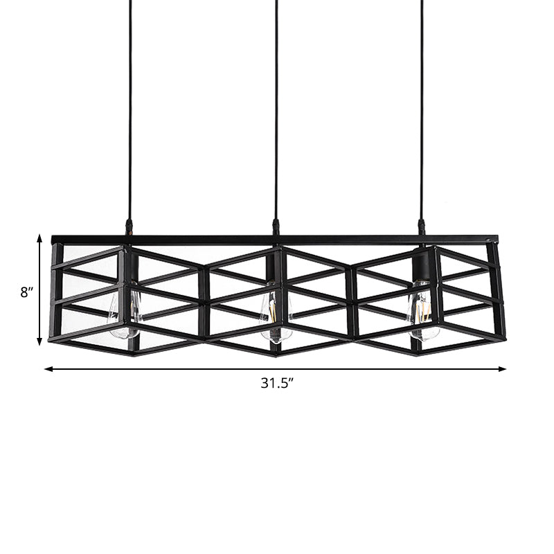 Black Linear Cage Suspension Light Vintage Industrial Metal 3 Bulbs Hallway Pendant Lamp