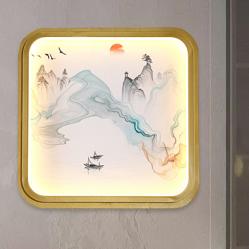 Flor de pintura a mano/Montaña Iluminación mural de tela china Sala de estar Led Pared apliques con oro redondo/marco cuadrado