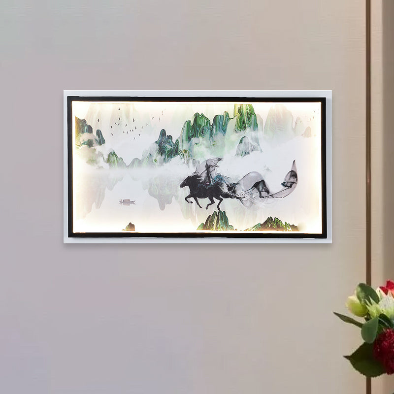 Cabezilla china y paisaje Lámpara mural de tela LEA LEDLA MULTA MUNTA MONTADA EN NEGRO