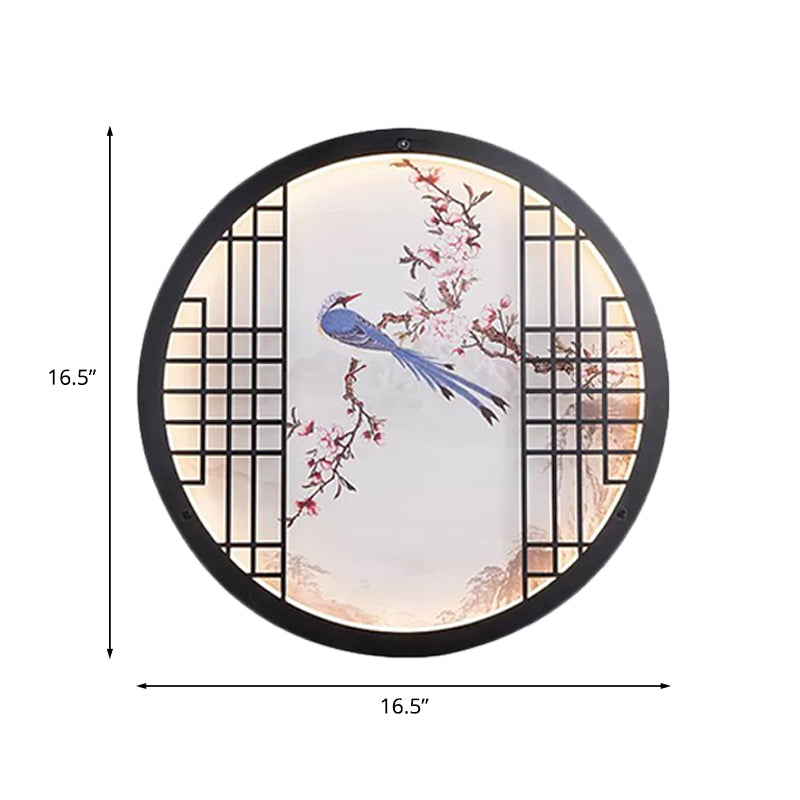 Tela de pared de dormitorio ultrafina redonda, luz mural china con patrón de rama de pájaros y flores en negro