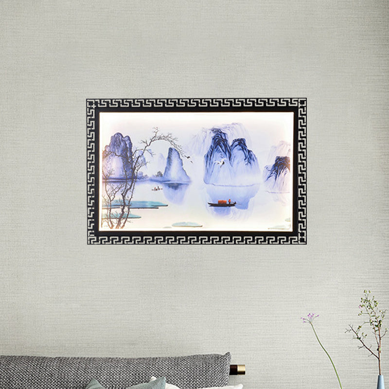 Escena de montaña azul oscuro iluminación mural asia lámpara de pared de tela led para sala familiar
