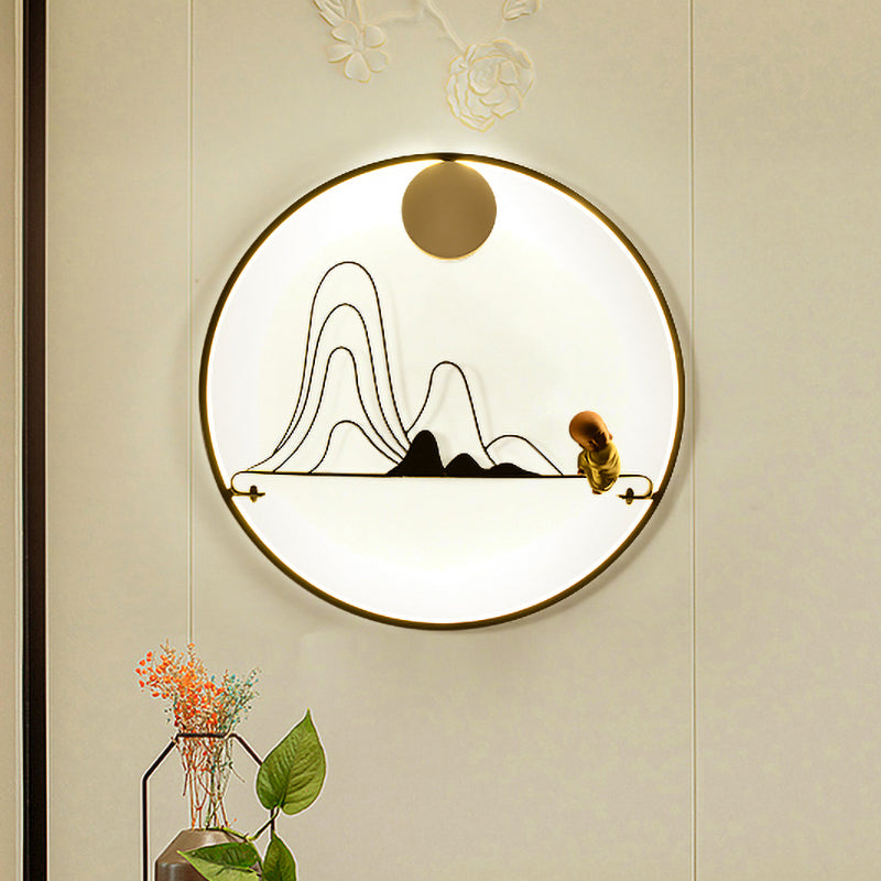 Lámpara de pared mural de montaña y monje creativo estilo de tela de estilo chino LED LED LED