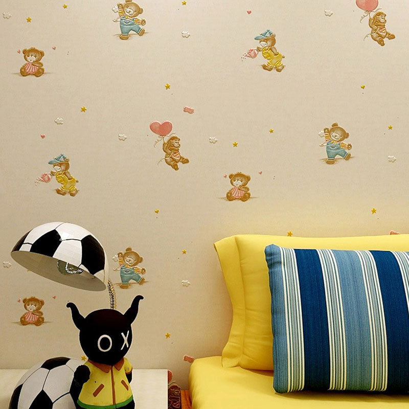 Cute Bear Wall Covering in Pastel Color Non-Woven Fabric Wallpaper for Children, 20.5-inch x 31-foot