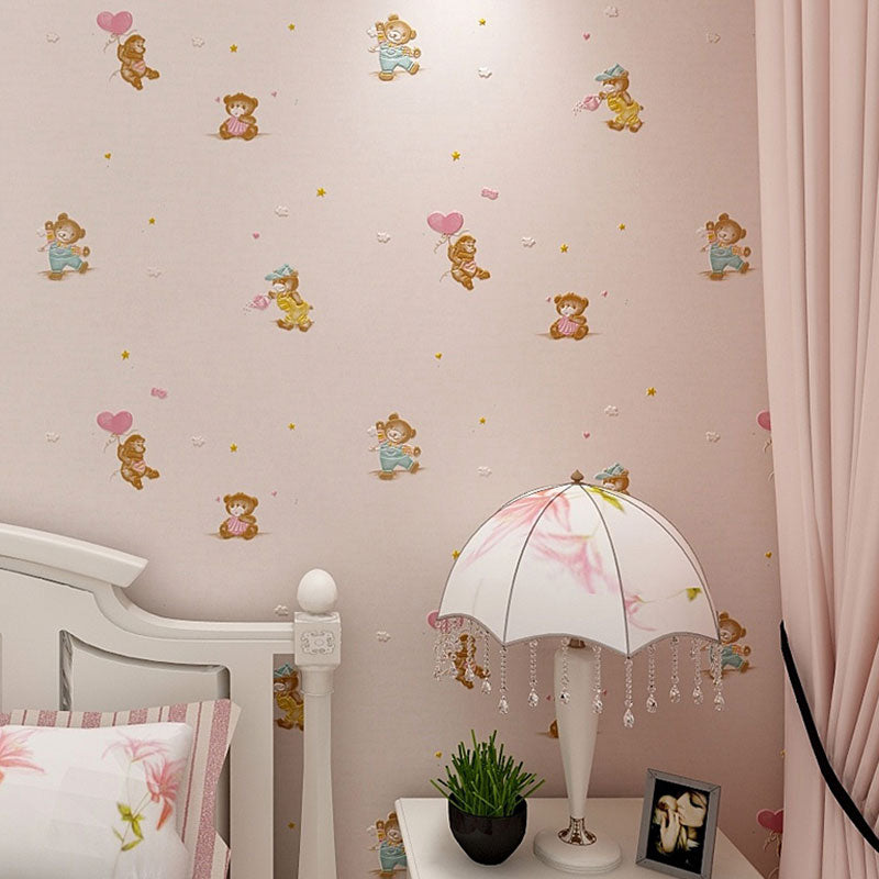 Cute Bear Wall Covering in Pastel Color Non-Woven Fabric Wallpaper for Children, 20.5-inch x 31-foot