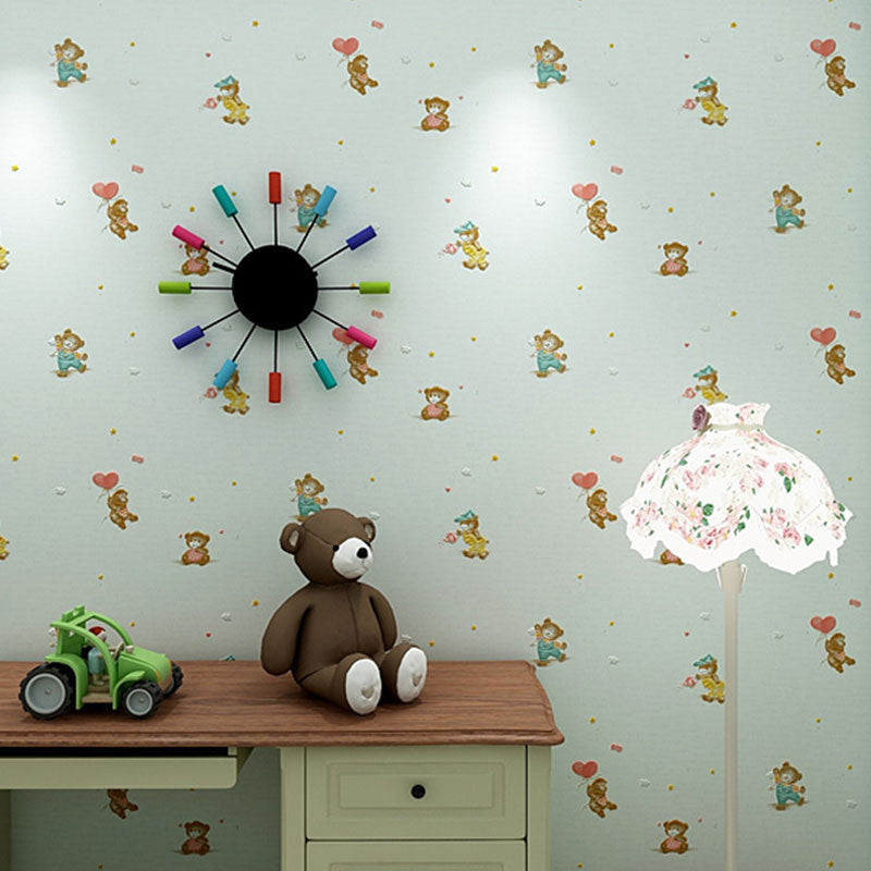 Cute Bear Wall Covering in Pastel Color Non-Woven Fabric Wallpaper for Children, 20.5-inch x 31-foot