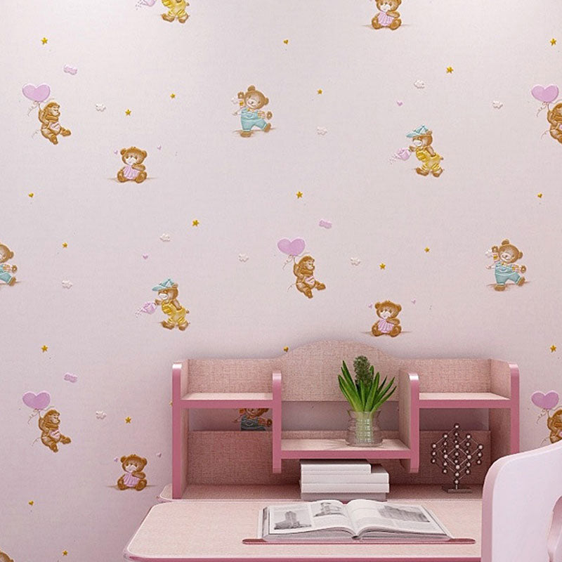 Cute Bear Wall Covering in Pastel Color Non-Woven Fabric Wallpaper for Children, 20.5-inch x 31-foot