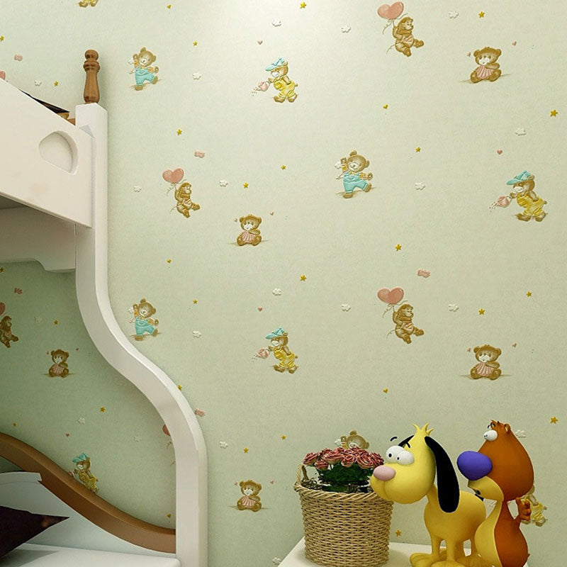 Cute Bear Wall Covering in Pastel Color Non-Woven Fabric Wallpaper for Children, 20.5-inch x 31-foot