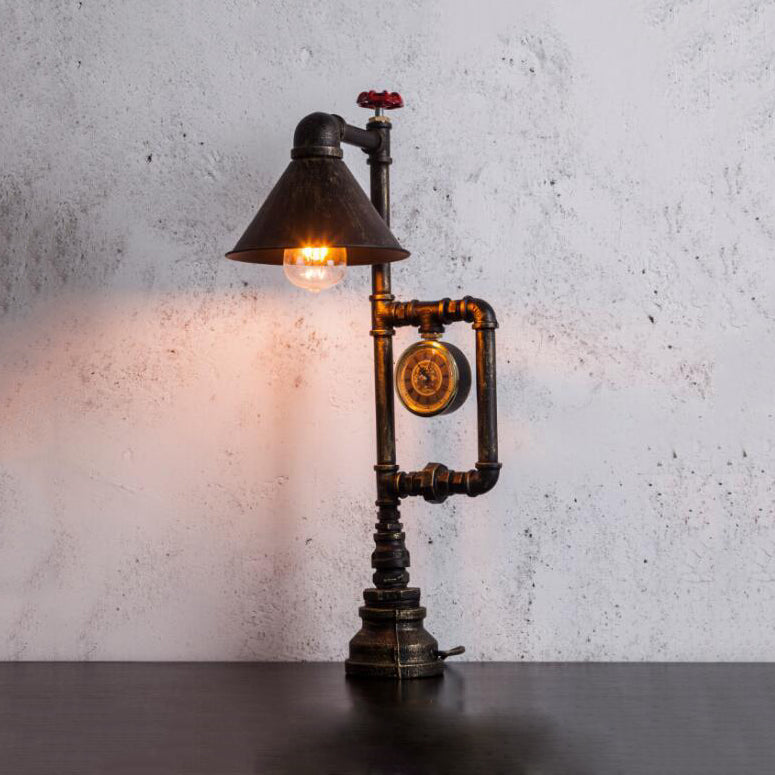 Conic Metal Shade Table Lamp Industrial Style 1 Light Bedroom Table Light with Red Valve and Clock Deco in Bronze