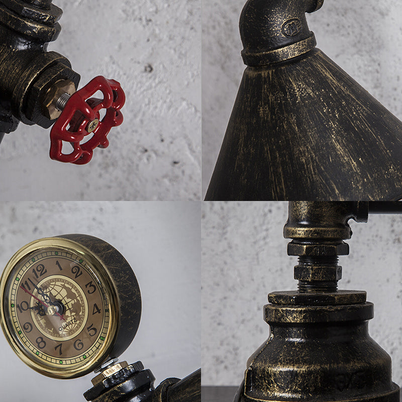 Conic Metal Shade Table Lamp Industrial Style 1 Light Bedroom Table Light with Red Valve and Clock Deco in Bronze