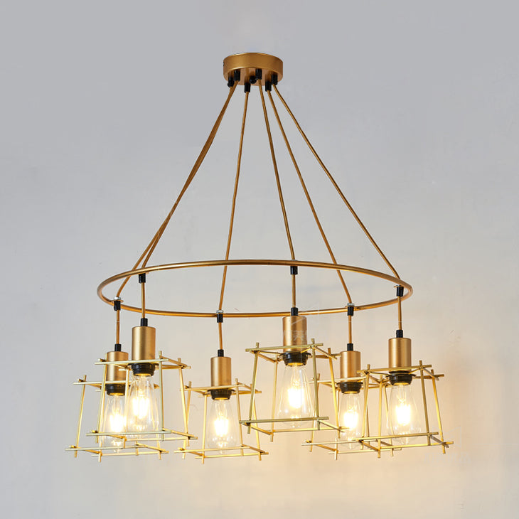 Retro Stylish Ring Chandelier Lighting with Squared Cage Shade 6 Bulbs Iron Hanging Light in Gold