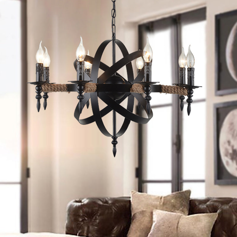 Orbit Cage Metal Chandelier Lamp with Candle Design Antique Style 8 Lights Living Room Pendant Light Fixture in Black