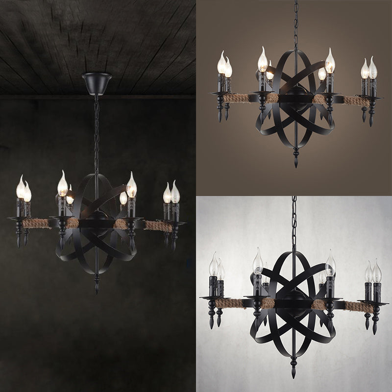 Orbit Cage Metal Chandelier Lamp with Candle Design Antique Style 8 Lights Living Room Pendant Light Fixture in Black