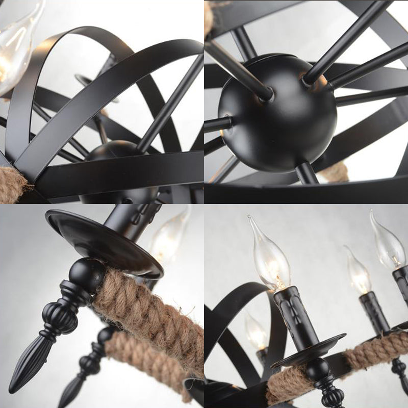 Orbit Cage Metal Chandelier Lamp with Candle Design Antique Style 8 Lights Living Room Pendant Light Fixture in Black