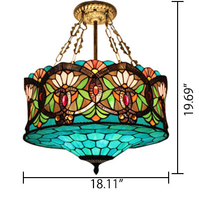 Living Room Ceiling Light LED, Stained Glass Drum Lighting Baroque Style, 18" W