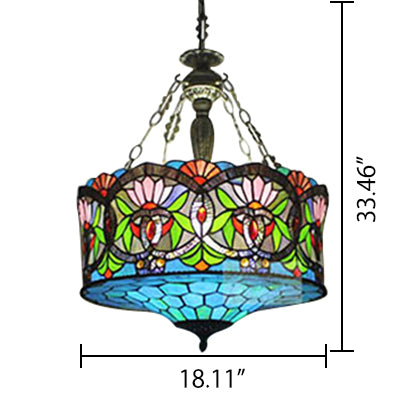 Living Room Ceiling Light LED, Stained Glass Drum Lighting Baroque Style, 18" W