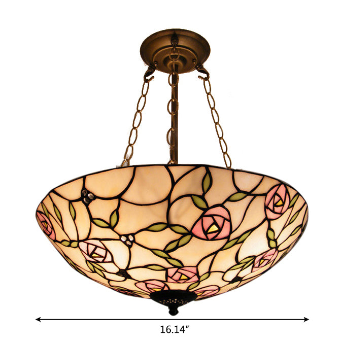 Tiffany Ceiling Lights LED, 3-Light Stained Glass Domed Semi Flush Light in Aged Brass with Chain and Rose Pattern