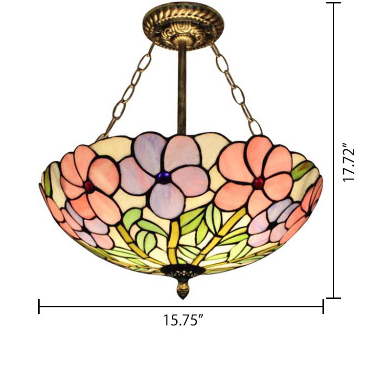 Tiffany Deckenleuchten LED, 3-Licht-Buntglas gewölbter Halbflush-Licht in gealtertem Messing mit Ketten- und Rosenmuster