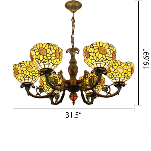 6 Lights Sunflower Hanging Light Tiffany Style Stained Glass Chandelier Lighting for Bedroom