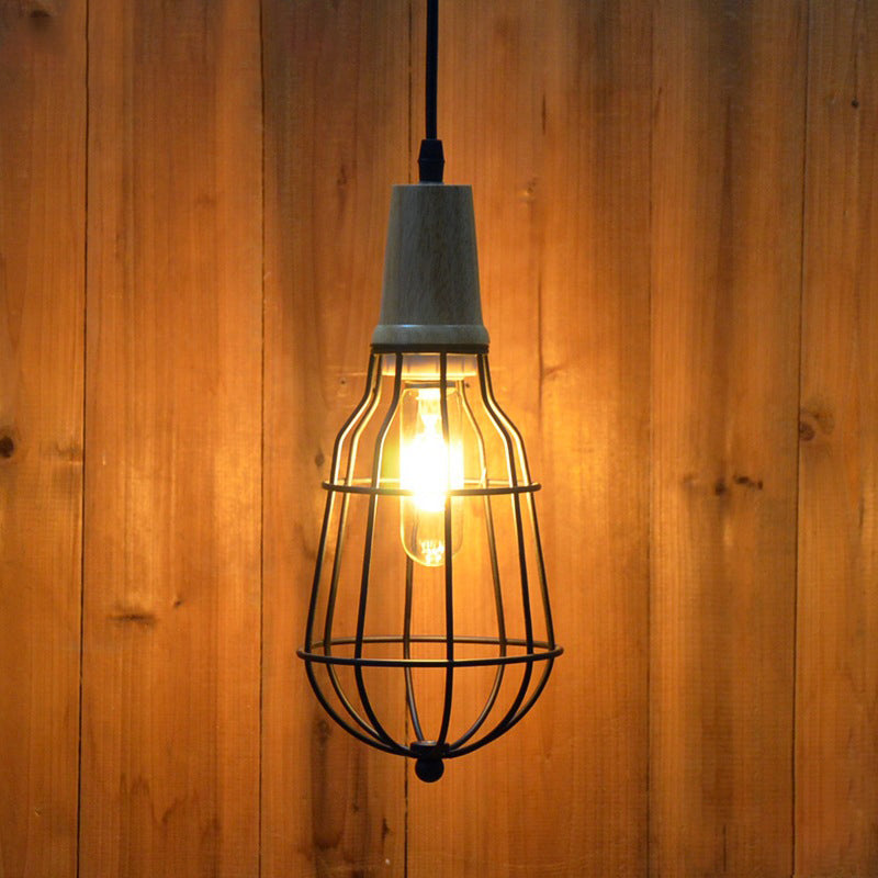 Mini Caged Suspension Light Rustic Lodge Metal 1 Bulb Pendant Lighting in Black for Coffee Shop