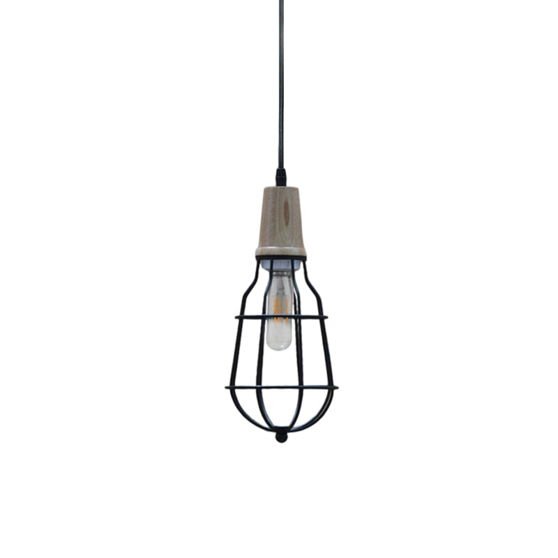 Mini Caged Suspension Light Rustic Lodge Metal 1 Bulb hangluchting in het zwart voor coffeeshop