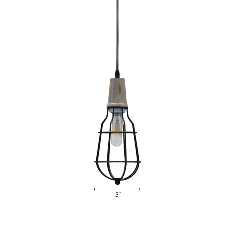 Mini Caged Suspension Light Rustic Lodge Metal 1 Bulb hangluchting in het zwart voor coffeeshop