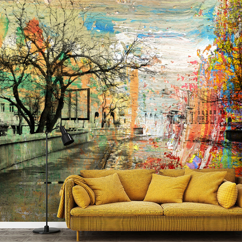 Watercolors of Street Mural Wallpaper for Accent Wall, Pink and Yellow, Personalized Size Available