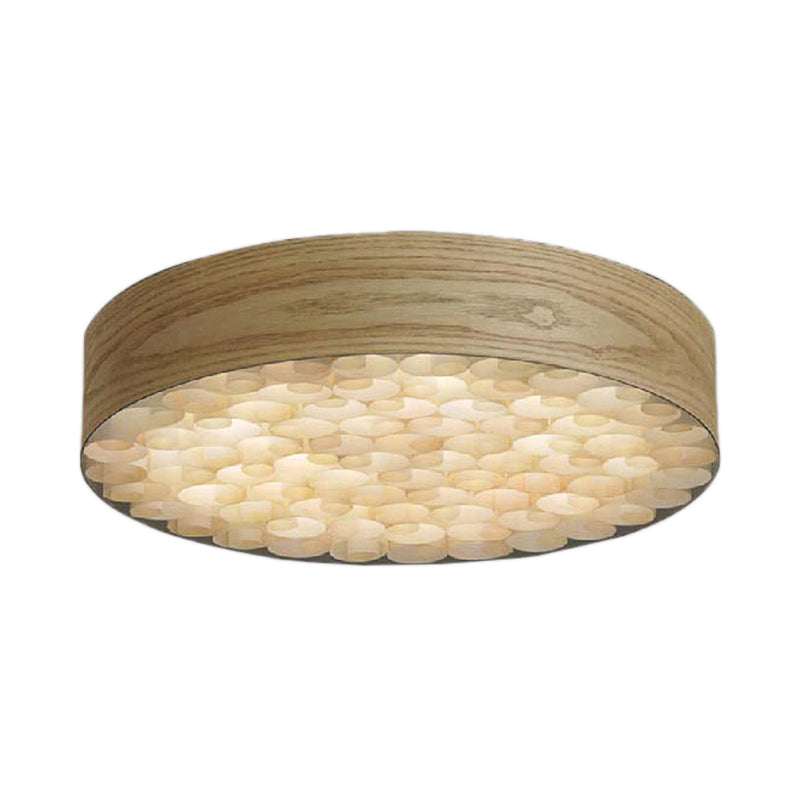 Contemporary Chinese Single Light Ceiling Lamp with Wood Shade Beige Round Flush Mount Light Fixture for Living Room