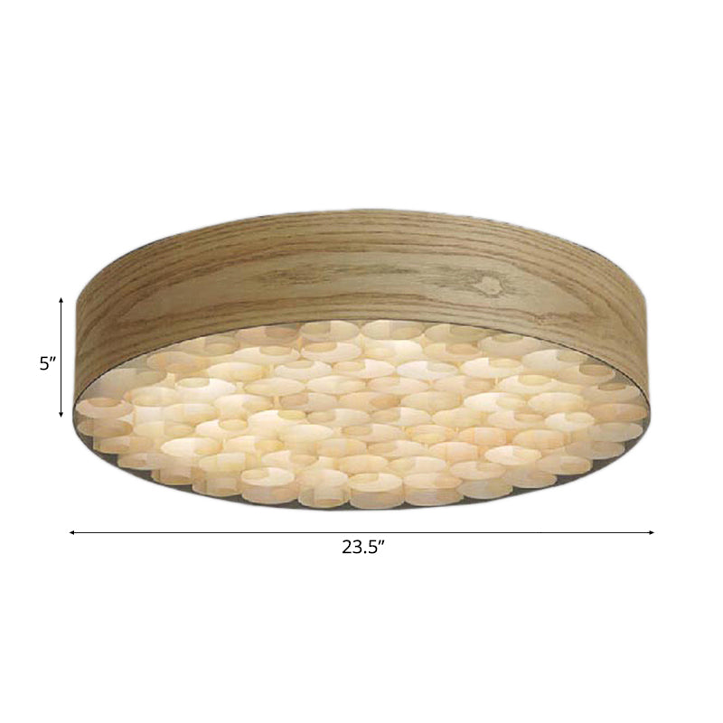 Contemporary Chinese Single Light Ceiling Lamp with Wood Shade Beige Round Flush Mount Light Fixture for Living Room